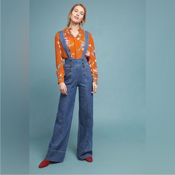 Anthropologie Pants - Anthropologie Pilcro And The Letterpress Bibbed Denim Wide Leg Jumpsuit Size 29